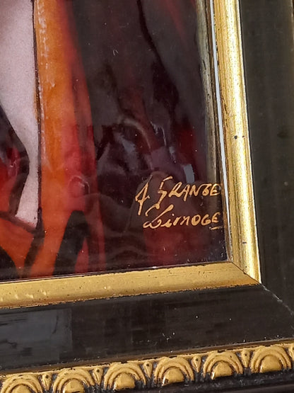 A French vintage religious enamel Saint Fabiola portrait painting by Limoges of France. The religious figure has been hand-painted in enamels on copper and signed by the artist. The art is presented in a dark brown frame with a label to the rear that tells us it's a genuine hand-made enamel artwork.