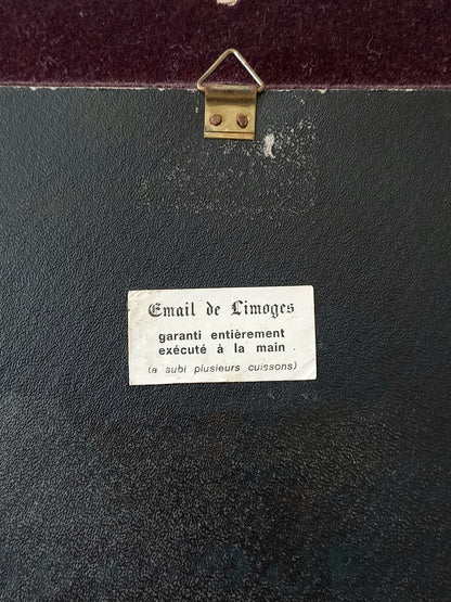 A French vintage religious enamel Saint Fabiola portrait painting by Limoges of France. The religious figure has been hand-painted in enamels on copper and signed by the artist. The art is presented in a dark brown frame with a label to the rear that tells us it's a genuine hand-made enamel artwork.