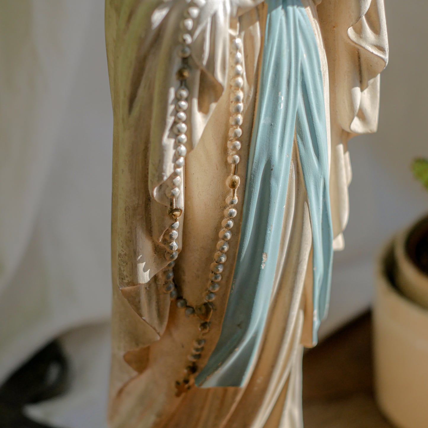 A large and stunning French vintage/antique religious Madonna figurine with wonderful subtle and time-faded coloring, a hard to find piece in this wonderful condition which has just the right amount of aging. This beautiful statue makes excellent religious decor in any home.