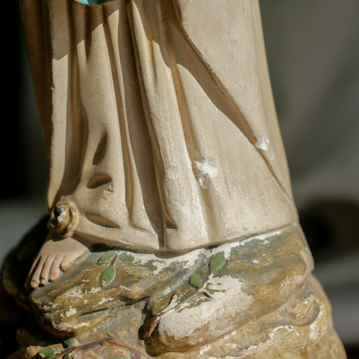 A large and stunning French vintage/antique religious Madonna figurine with wonderful subtle and time-faded coloring, a hard to find piece in this wonderful condition which has just the right amount of aging. This beautiful statue makes excellent religious decor in any home.