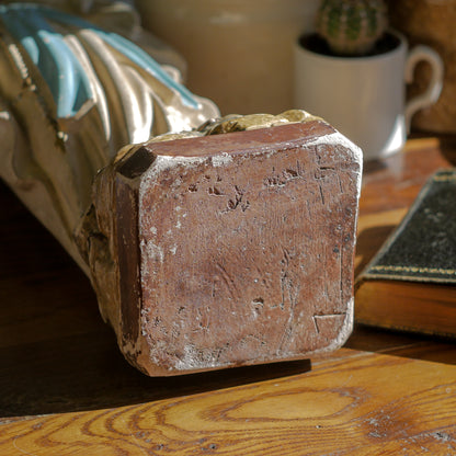 A large and stunning French vintage/antique religious Madonna figurine with wonderful subtle and time-faded coloring, a hard to find piece in this wonderful condition which has just the right amount of aging. This beautiful statue makes excellent religious decor in any home.