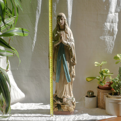 A large and stunning French vintage/antique religious Madonna figurine with wonderful subtle and time-faded coloring, a hard to find piece in this wonderful condition which has just the right amount of aging. This beautiful statue makes excellent religious decor in any home.