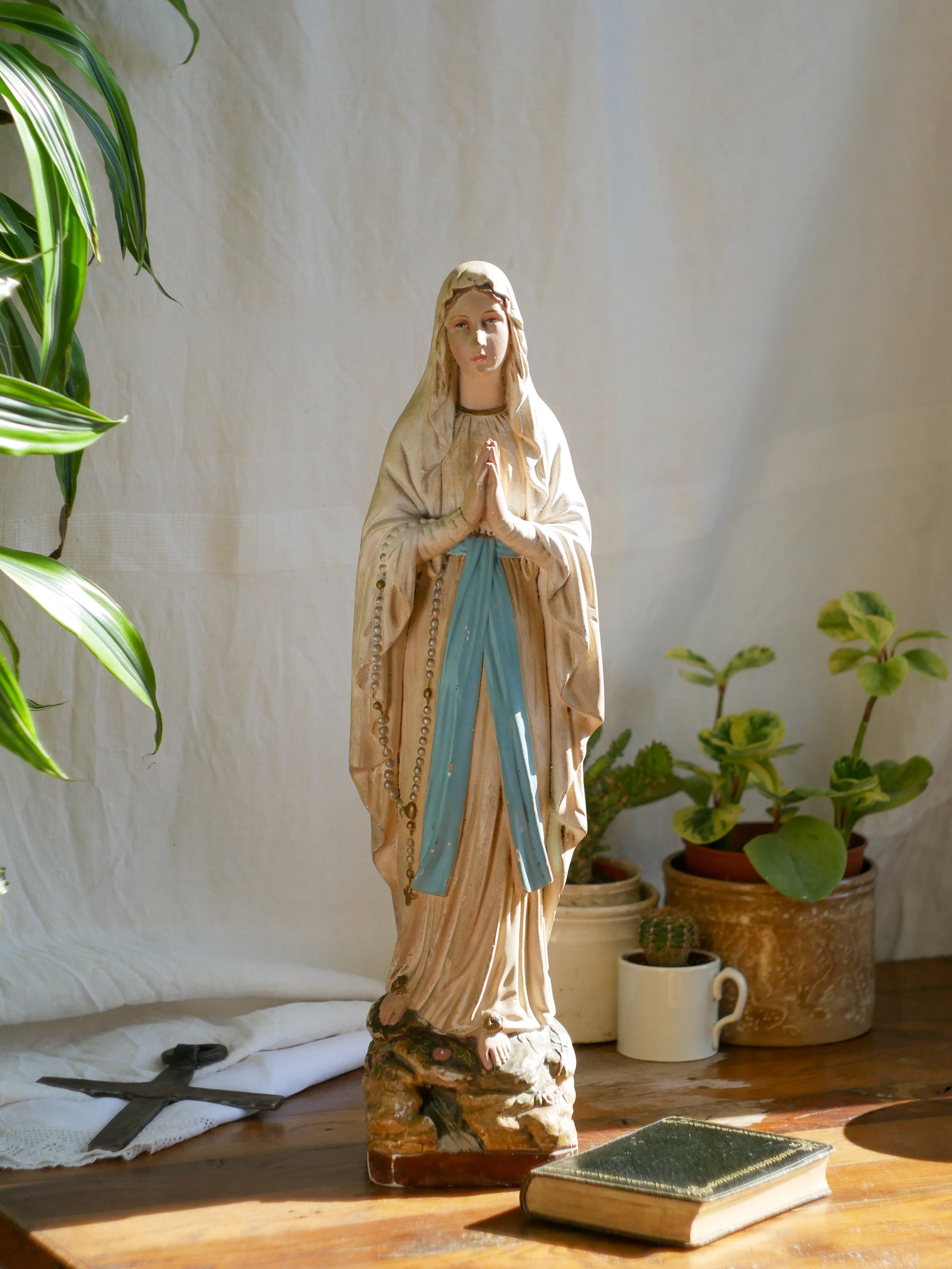 A large and stunning French vintage/antique religious Madonna figurine with wonderful subtle and time-faded coloring, a hard to find piece in this wonderful condition which has just the right amount of aging. This beautiful statue makes excellent religious decor in any home.