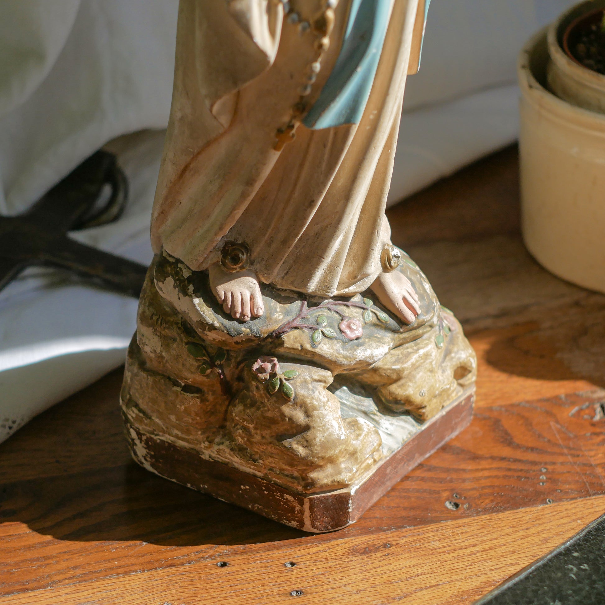 A large and stunning French vintage/antique religious Madonna figurine with wonderful subtle and time-faded coloring, a hard to find piece in this wonderful condition which has just the right amount of aging. This beautiful statue makes excellent religious decor in any home.