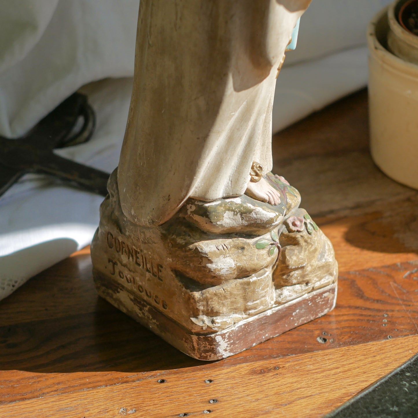 A large and stunning French vintage/antique religious Madonna figurine with wonderful subtle and time-faded coloring, a hard to find piece in this wonderful condition which has just the right amount of aging. This beautiful statue makes excellent religious decor in any home.