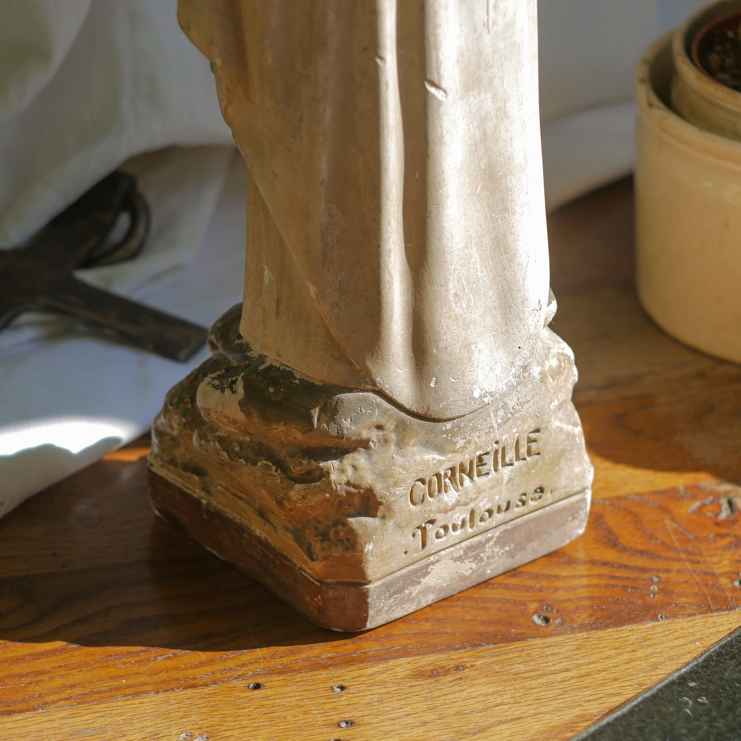 A large and stunning French vintage/antique religious Madonna figurine with wonderful subtle and time-faded coloring, a hard to find piece in this wonderful condition which has just the right amount of aging. This beautiful statue makes excellent religious decor in any home.