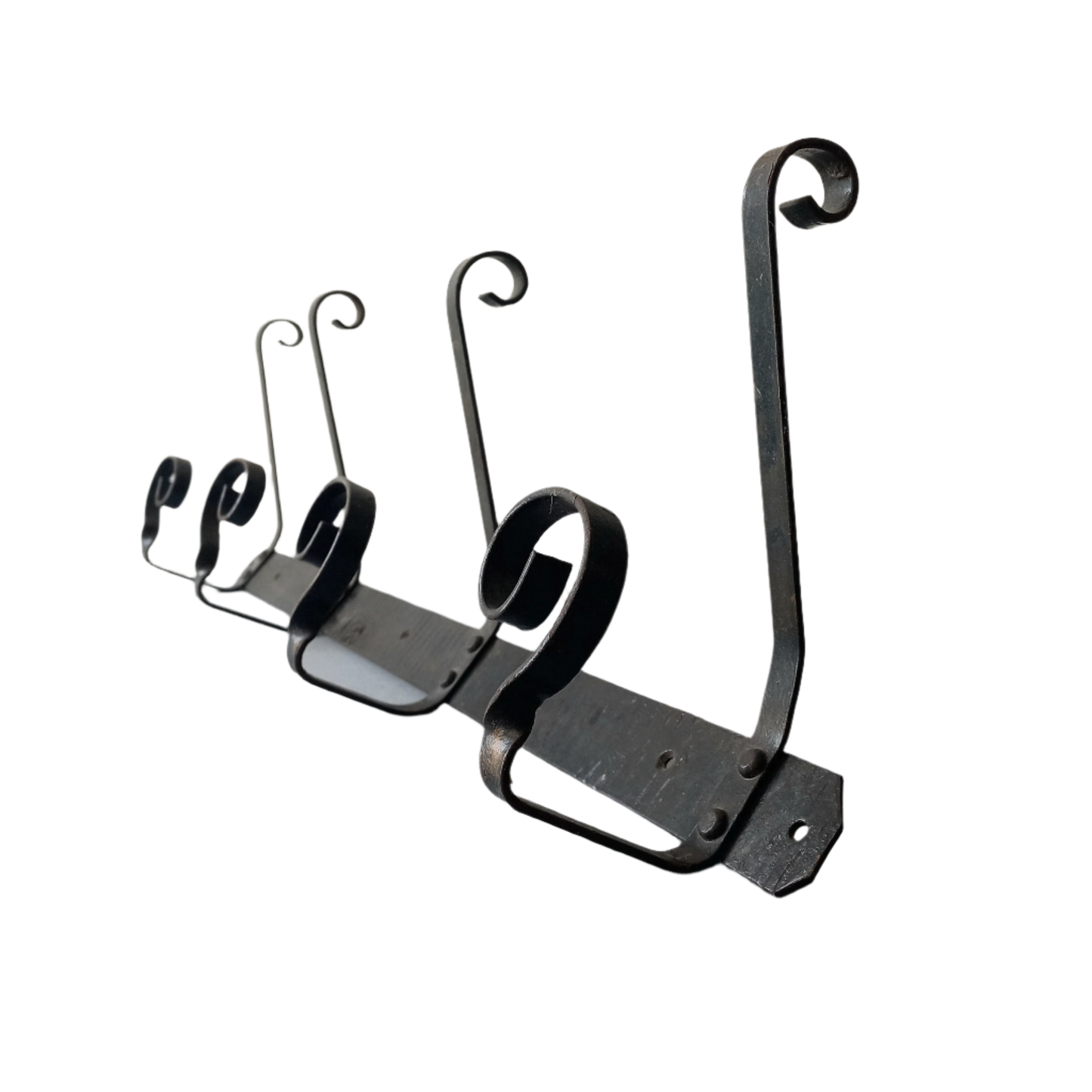 A large French vintage metal coat and hat rack for 4 coats and hats, a hand-made piece that is sturdy and can be screwed directly to your wall using the holes already in the wall bracket. The colour of the coat rack is a pleasing worn satin black with traces of gold showing through in places which give it a nice aged appearance.