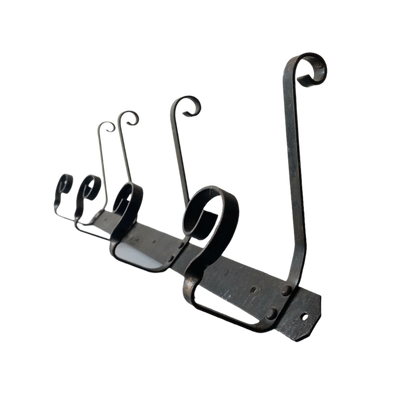 A large French vintage metal coat and hat rack for 4 coats and hats, a hand-made piece that is sturdy and can be screwed directly to your wall using the holes already in the wall bracket. The colour of the coat rack is a pleasing worn satin black with traces of gold showing through in places which give it a nice aged appearance.