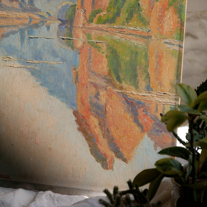 Large Vintage Oil Painting On Board Of Village By River