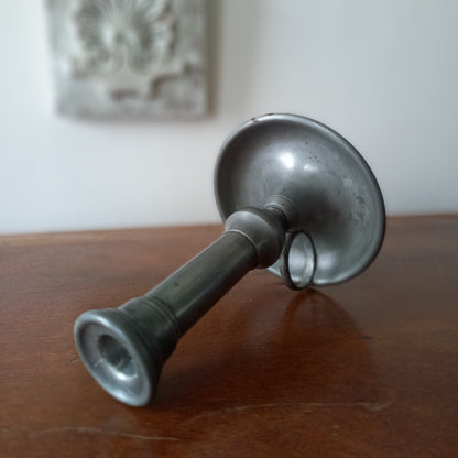 A handsome French vintage pewter candle holder / chamber stick that makes excellent home decor. This chamber stick is taller than similar ones we usually find. Underneath is marked with the manufacturer's stamp - a great looking piece!