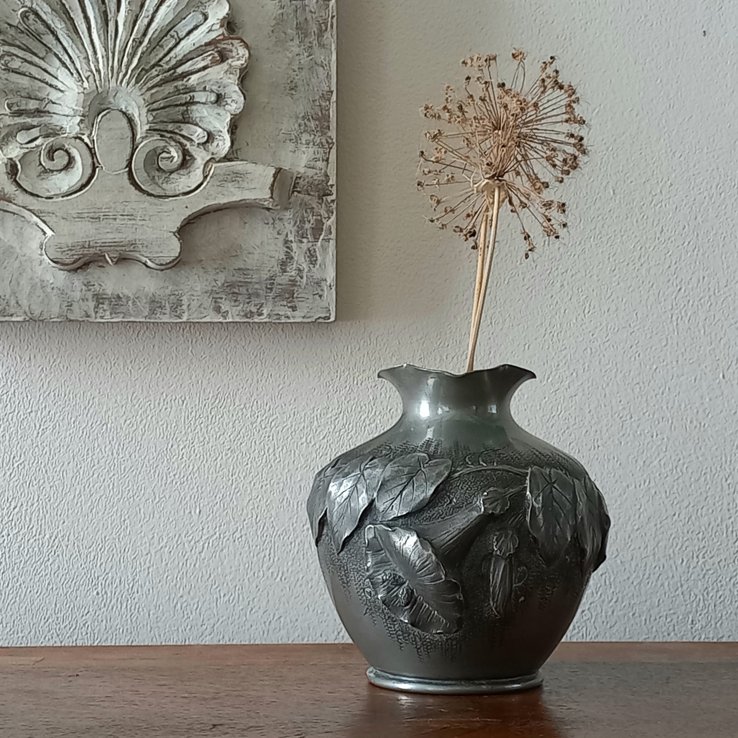 French Vintage Decorative Floral Pewter Pot Vase Signed By The