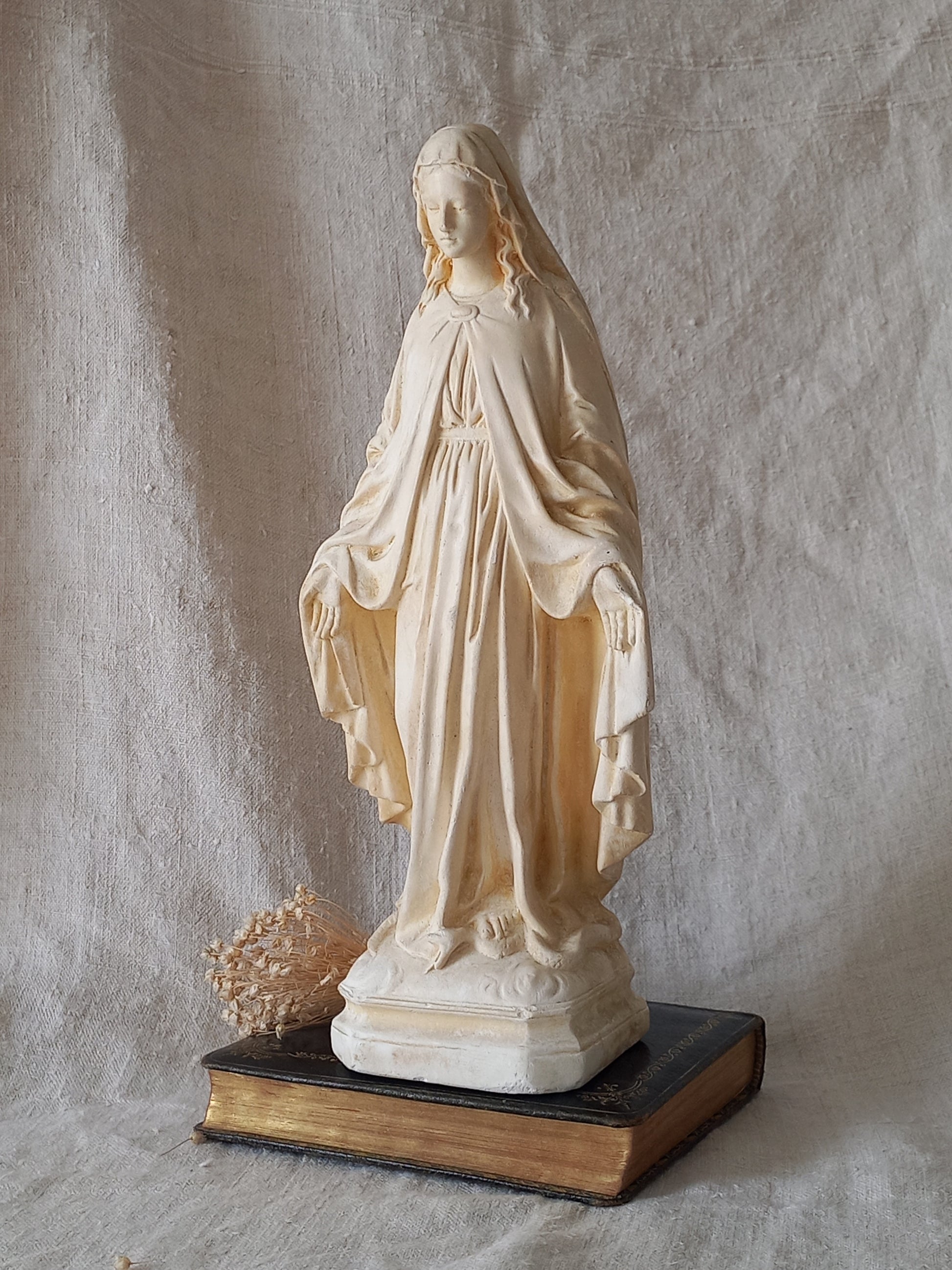French vintage religious Madonna figurine made from plaster.