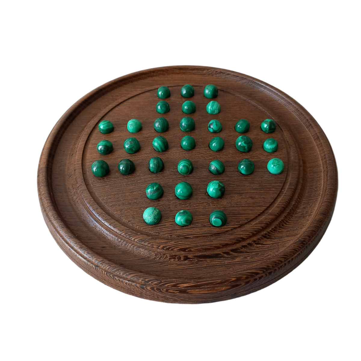 Handmade wooden solitaire board with semi-precious malachite marbles
