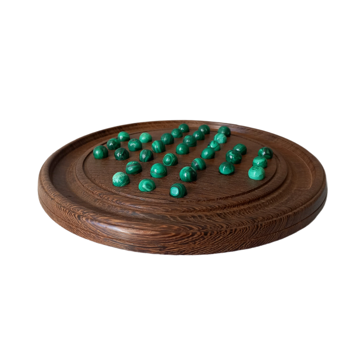 Handmade wooden solitaire board with semi-precious malachite marbles
