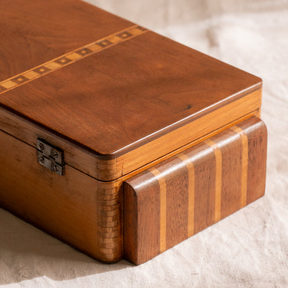 A beautiful French vintage wooden box, a hand-made piece with dove-tailed joints and inlaid design pattern - the colour of the wood is a wonderful golden brown and the hinges are strong. In summary a beautiful vintage box which makes an attractive piece of practical home decor.