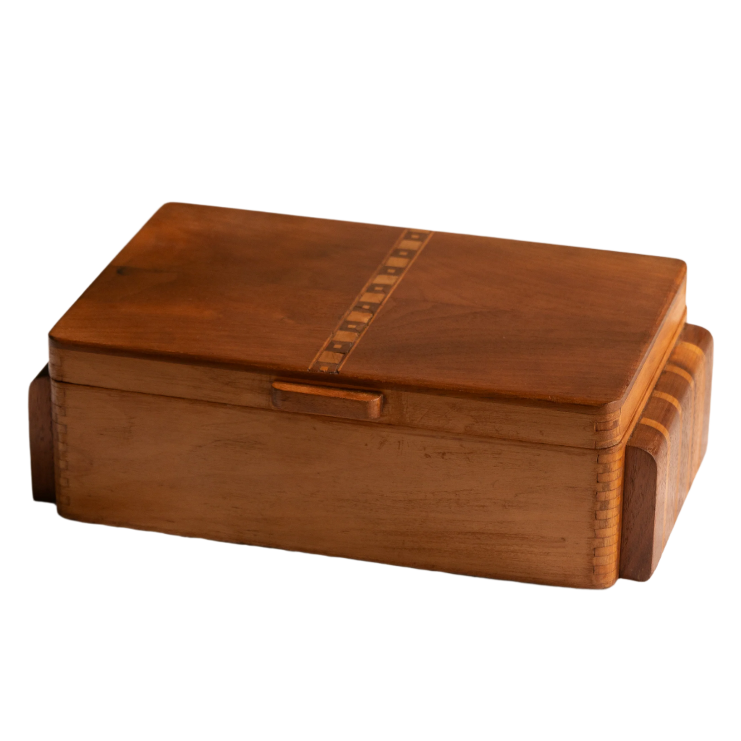 A beautiful French vintage wooden box, a hand-made piece with dove-tailed joints and inlaid design pattern - the colour of the wood is a wonderful golden brown and the hinges are strong. In summary a beautiful vintage box which makes an attractive piece of practical home decor.