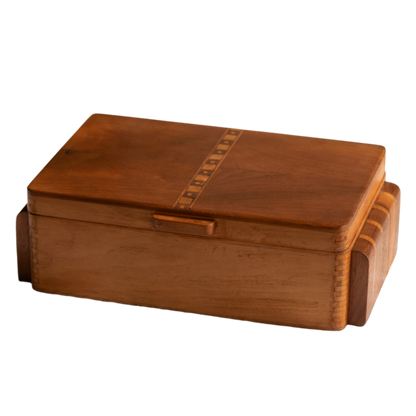 A beautiful French vintage wooden box, a hand-made piece with dove-tailed joints and inlaid design pattern - the colour of the wood is a wonderful golden brown and the hinges are strong. In summary a beautiful vintage box which makes an attractive piece of practical home decor.