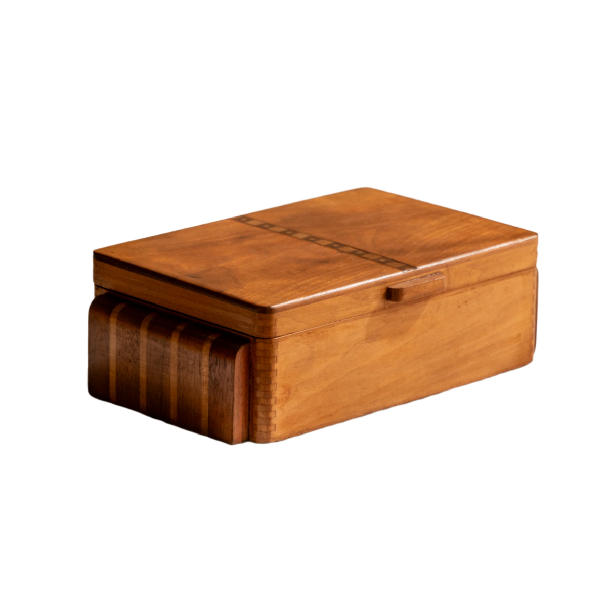 A beautiful French vintage wooden box, a hand-made piece with dove-tailed joints and inlaid design pattern - the colour of the wood is a wonderful golden brown and the hinges are strong. In summary a beautiful vintage box which makes an attractive piece of practical home decor.