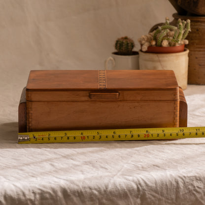 A beautiful French vintage wooden box, a hand-made piece with dove-tailed joints and inlaid design pattern - the colour of the wood is a wonderful golden brown and the hinges are strong. In summary a beautiful vintage box which makes an attractive piece of practical home decor.