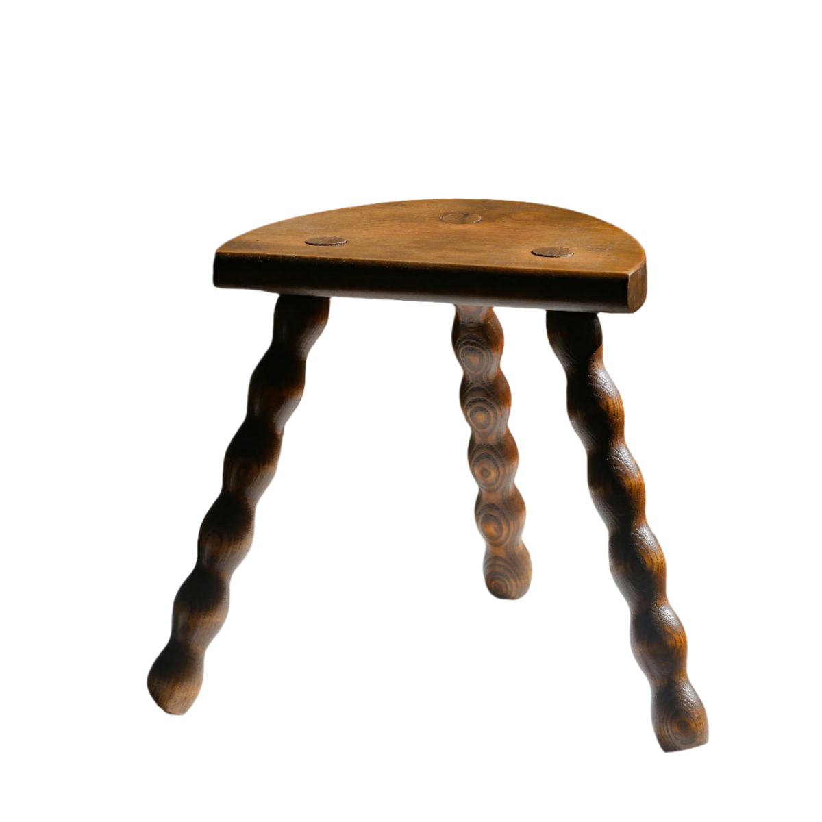French vintage wooden stool with three turned wooden legs