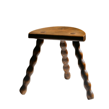French vintage wooden stool with three turned wooden legs