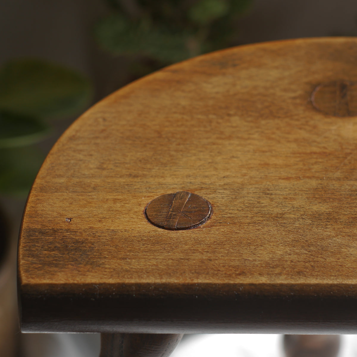 French vintage wooden stool with three turned wooden legs