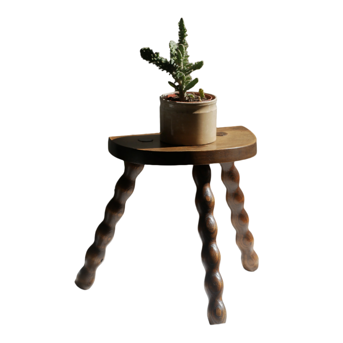 French vintage wooden stool with three turned wooden legs
