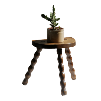 French vintage wooden stool with three turned wooden legs