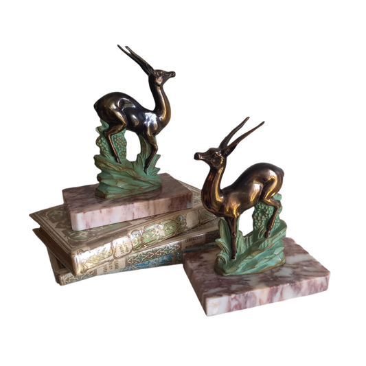 Vintage bookends with deer, antelope, gazelle metal figurines from France, book tidy, shelve and desk decor