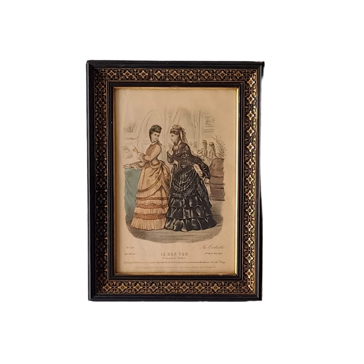 French antique women's period dress fashion print in decorative black frame, 1870s women's fashion, fashion wall decor,