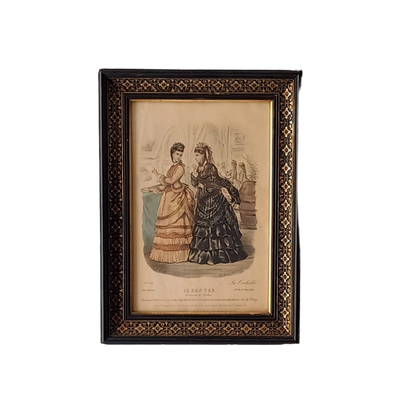 French antique women's period dress fashion print in decorative black frame, 1870s women's fashion, fashion wall decor,
