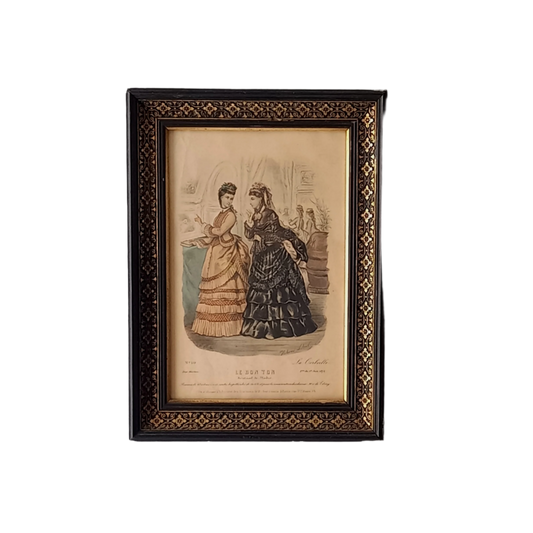 French antique women's period dress fashion print in decorative black frame, 1870s women's fashion, fashion wall decor,