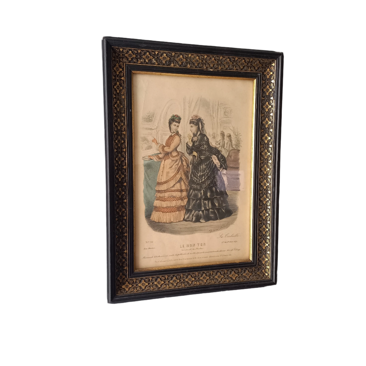 French antique women's period dress fashion print in decorative black frame, 1870s women's fashion, fashion wall decor,