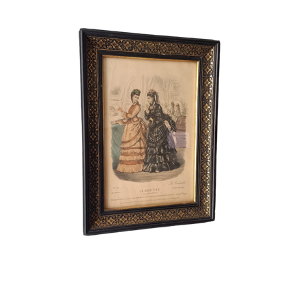 French antique women's period dress fashion print in decorative black frame, 1870s women's fashion, fashion wall decor,