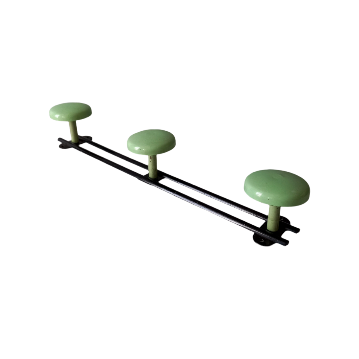Vintage metal coat rack with 3 mint green/blue pegs from France, retro coat hook rack, mid-century style coat hanger