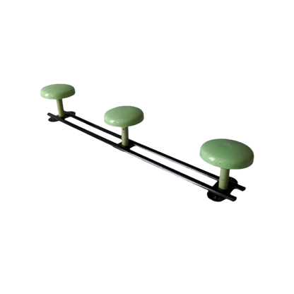 Vintage metal coat rack with 3 mint green/blue pegs from France, retro coat hook rack, mid-century style coat hanger