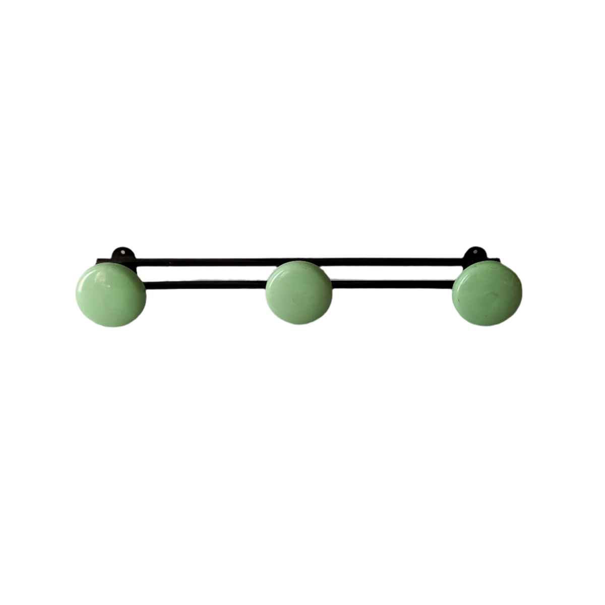 Vintage metal coat rack with 3 mint green/blue pegs from France, retro coat hook rack, mid-century style coat hanger
